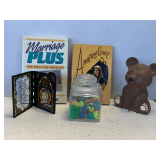 SHELF LOT TO INCLUDE 2 BOOKS, GLASS APOTHECARY JAR OF COLORED ACRYLIC STONES & MORE