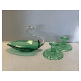 VINTAGE ART GLASS GREEN & CLEAR SWAN DISH 8" LONG X 4 3/4" WIDE & PAIR OF IMPERIAL URANIUM GLASS CANDLESTICKS "DIAMOND QUILTED PATTERN" 2 3/4" TALL, BASE 4 1/4" ROUND