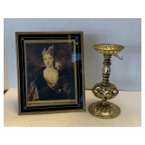 VINTAGE PORTRAIT OF PRESUME DE MADAME LA DUCHESSE 9X11 & GILDED GOLD PAINTED CANDLESTICK 9" TALL