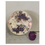 HEAVY HAND PAINTED PURPLE GRAPE SERVING PLATE 10" ROUND & SMALL COVERED CERAMIC PURPLE GRAPE CANDLE 3 1/2" TALL X 3 1/2" ROUND