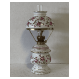 VINTAGE PORCELAIN 11" HURRICANE OIL LAMP - GONE WITH THE WIND STYLE, FLORAL ROSE PATTERN