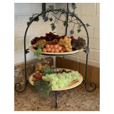 TWO 11" GRAPE PATTERN DINNER PLATES FULL OF GRAPES & 2 TIER METAL PLATE STAND