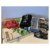 FLEECE THROW WITH RED ROSE DESIGN, 2 HEAVY SCARFS & 1 BLACK EMBELLISHED SCARF