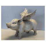 RESIN WHITE FLYING PIG FIGURINE (ONE EAR NEEDS TO BE REATTACHED) 12" LONG X 10" TALL