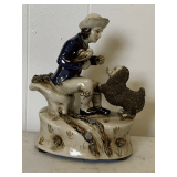VINTAGE STAFFORDSHIRE STYLE STATUE - BOY WITH DOG 8" TALL X 6" LONG