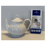 VINTAGE WHITE CREAMER TEAPOT WITH GOLD TRIM BY MARY LEE