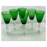 KIT…Vintage blown glass emerald green wine goblets with clear stems. Set of six, see pictures for details. ￼