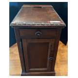 LR… Chair side power side table, believed to be from Ashley furniture. Comes with twin cup holders in pullout drawer, lower storage cubby, and built-in three outlet power strip. Cubby door needs a s