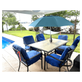 Patio…Metal framed outdoor patio set with table, six chairs with cushions, and two umbrellas. See pictures for details.