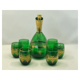 DR… Beautiful Venetian style emerald green glass decanter with glasses, see pictures for details.