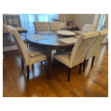 DR… Nice oval table dining set, comes with 6 upholstered, high back tufted chairs, and extension leaf, also comes with a marble top Lazy Susan, see pictures for details.