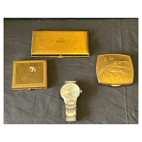 Garage… Vintage ladies compacts, vintage cigarette case, and large face fashion watch, tub is not included, see pictures for details.