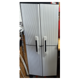 Shed…Plastic/resin double door utility cabinet with content, includes floodlight fixtures, spray paint, yard chemicals, and more. See pictures for details.