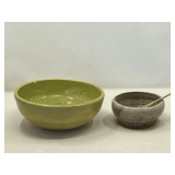 DR…Green, and brown speckled artisan pottery bowls, believed to be East Wheeling Clayworks, two pieces, see pictures for details.