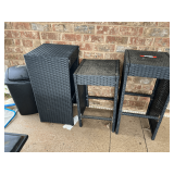 Patio… PE rattan side tables, three pieces, also includes a flip top garbage can, see pictures for details.