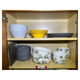 KIT… Shelf lot marked 1094 of all content of upper two shelves, includes ironstone bowls from Pier 1, and Mainstays dishware. See pictures for details.