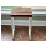 SUN…White and brown wood plank accent side table with metal frame, see pictures for details.