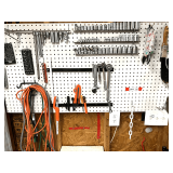 Shed… Pegboard of assorted ratchets and sockets, garden hand tools, extension cords, and more. See pictures for details.