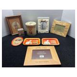 Assorted Decorative Items, Picture Frames, and Metal Trays