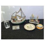 Assorted Decorative Collectibles Including Model Boats and Keepsake Plate