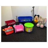Assortment of children’s toys to include miniature wagons, stuffed toys, vintage View Master, and more. See pictures for details.
