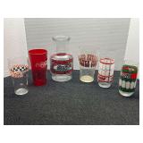 Coca-Cola carafe and glassware, six pieces total, see pictures for details.