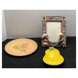 Decorative Ceramic Collection: Hand-Painted Plate, Avon Squash Dish, and Teddy Bear Picture Frame