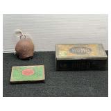 Collection of vintage Metal Advertising Tins and Cow Bell