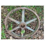 Heavy, six-spoked cast-iron flat belt pulley wheel. see pictures for details.