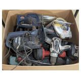Large assortment of battery powered tools to include a Ryobi cordless chainsaw, Skil cordless drill, Ryobi cordless drill, Hitachi cordless drill, Ryobi finish saw, also includes assorted chargers. Wo