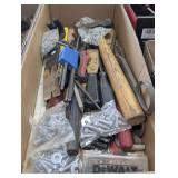 Assorted hand tools to include a drywall saw, small sledgehammer, tin snips, socket adapters, Allen wrenches, and more. See pictures for details