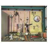 Assorted Automotive and Workshop Hand Tools and More on Top of Rolling Tool Cabinet and Hanging on Wall Behind