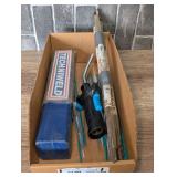 Assorted welding rods and small handheld torch tip, cardboard bin is not included, see pictures for details.