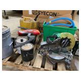 Miscellaneous pallet lot to include Hitachi 10" compound miter saw, fuel can, tow strap, and more. See pictures for details