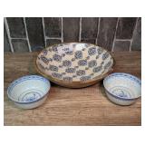 Large Wood and Ceramic Serving Bowl with Two Blue and White Oriental Rice Bowls