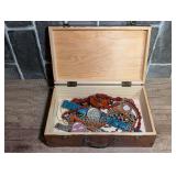 Wooden Trinket Box with Assorted Fashion Jewelry and Wristwatches