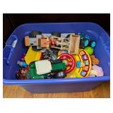 Large Blue Plastic Storage Bin Filled with Assorted Toys, Vehicles, and Plush Animals
