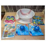 Assorted Water Toys, Swim Goggles, and Plastic Baseball Serveware