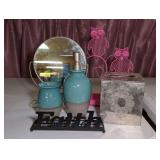 Bathroom Decor and Accessory Collection including Mirror, Soap Dispenser, and Tissue Box