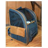 Blue and Brown Canvas Pet Carrier Backpack with Leather trim and Mesh Ventilation