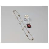 Sterling Silver Jewelry Lot: Bead Necklace, Butterfly Ring, and Vintage Red Stone Pendant