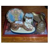 Mixed Lot of Decorative Home Goods Including Figural Cat and Serving Tray