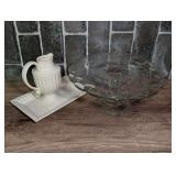 Clear Glass Cake Stand and White Ceramic Pitcher with Tray Set