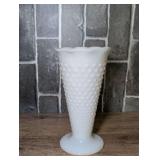 Vintage White Milk Glass Hobnail Pedestal Vase with Ruffled Rim