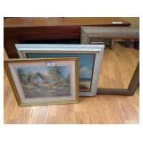Framed Art and Mirror Grouping including Cottage Print Lighthouse Painting and Ornate Wall Mirror