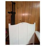 White Twin Size Painted Headboard and Adjustable Size Metal Bed Frame on Casters