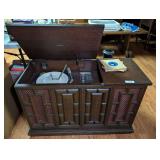 Mid-Century Zenith Solid State AM/FM Stereo Console Record Player with Speakers & Vintage Single Records