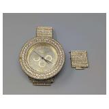 Techno King Quartz Wristwatch with Gold Tone Finish and Rhinestone Accents