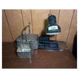 Black Desk Lamp with Integrated Organizer Base and Two Metal Woven Baskets