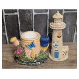 Lot of Two Coastal and Garden Themed Figurines Including Lighthouse and Waterer Planter